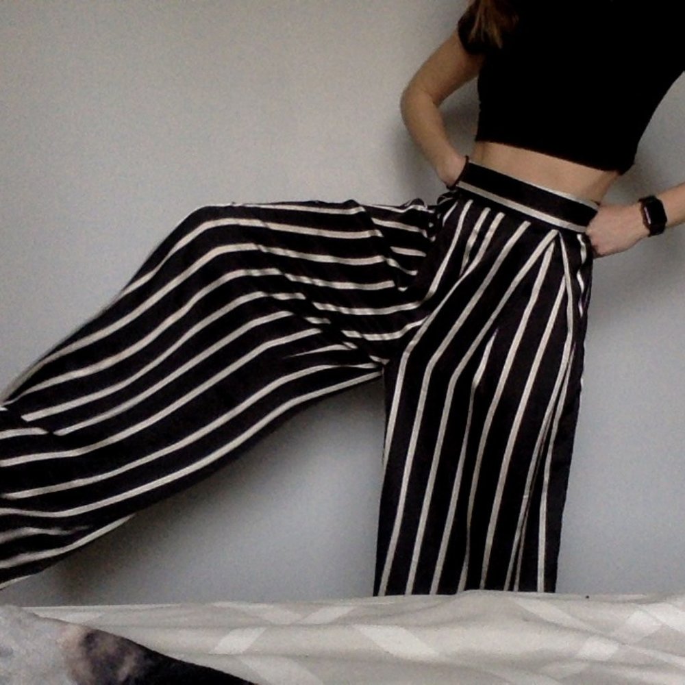 Silky Black, White, Cream Colored Striped Pants